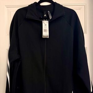 Adidas Black Jacket and Pants with White Stripes. Jacket has tag pants do not.
